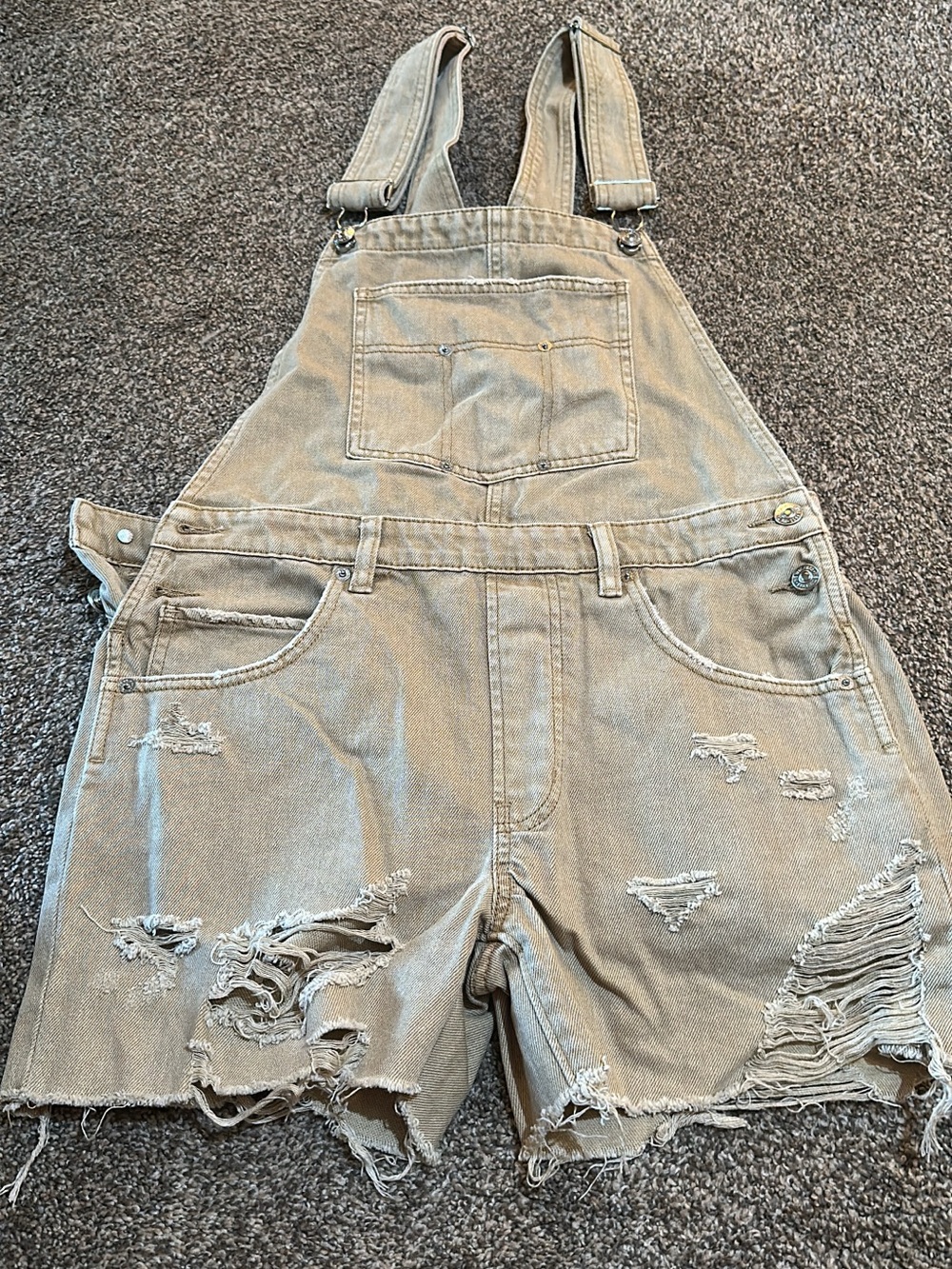 Free People Distressed Khaki Short Overalls